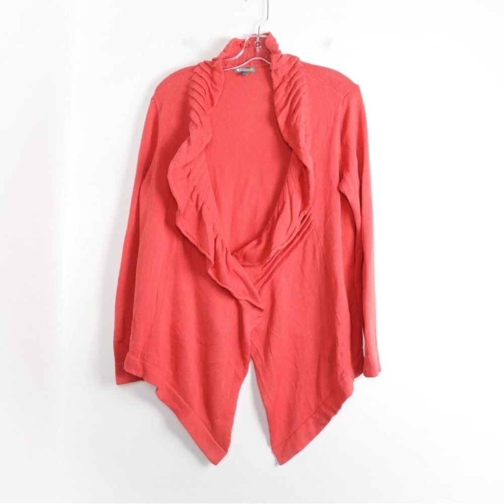 Spanner Knit open cardigan coral red ruffle front high low cotton lagenlook M